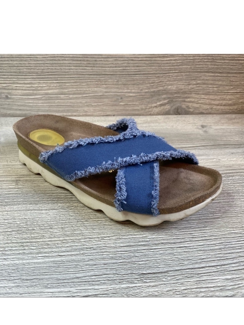 Blue denim criss cross slip on comfort slides Ethem by Genuins size 7
